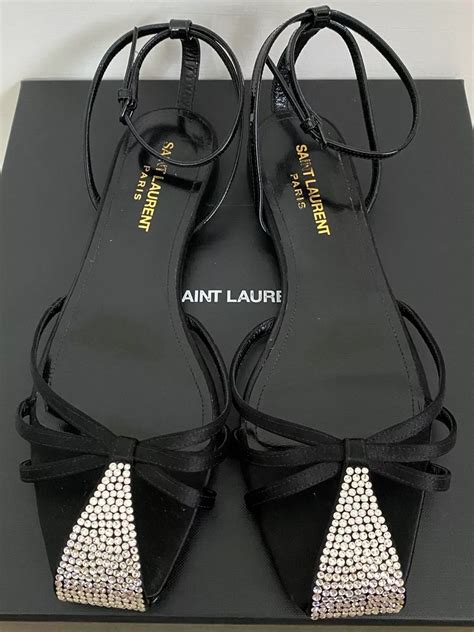 New Saint Laurent YSL Freja Crystal Black Satin Strappy Flat 